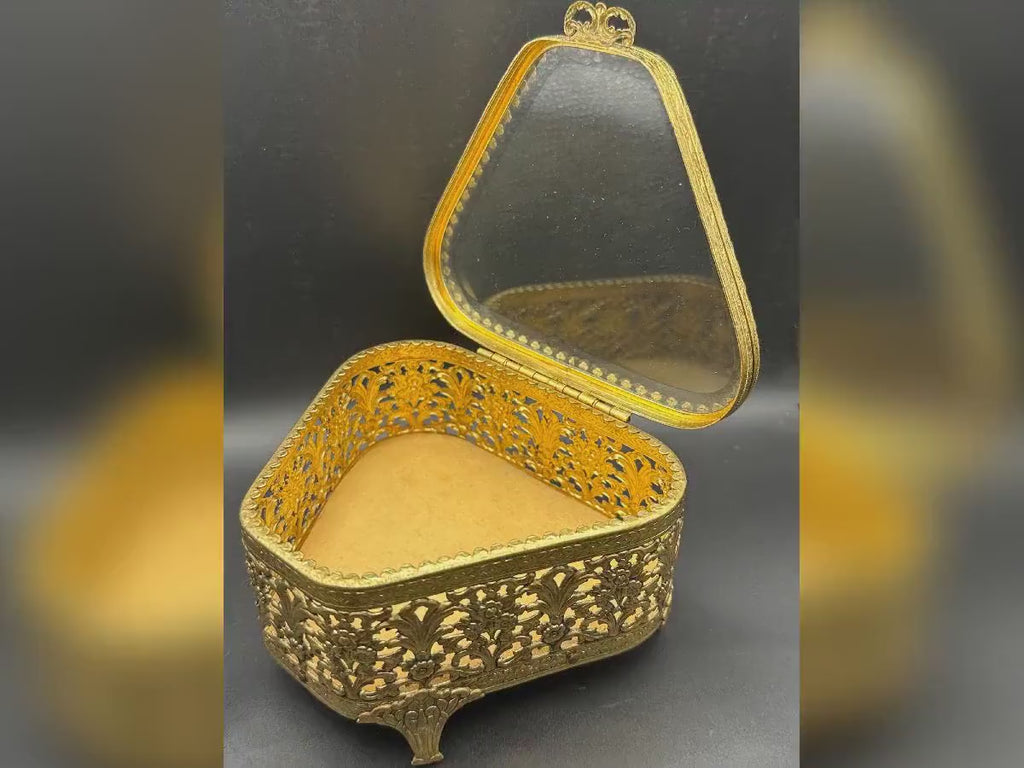 French Ormolu Filigree Jewellery Casket: Bevelled Glass Lid, Trinket Box