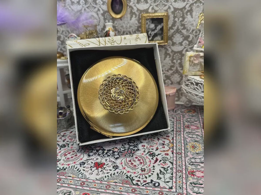 Vintage Kigu of London Powder Compact | Gold-Tone Filigree Rose | Boxed | 8cm