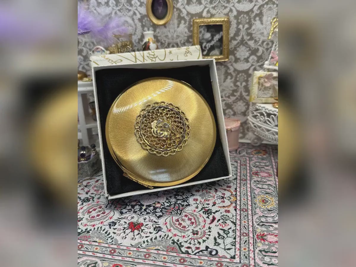 Vintage Kigu of London Powder Compact | Gold-Tone Filigree Rose | Boxed | 8cm