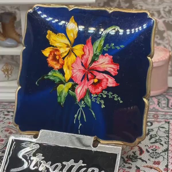 Vintage Stratton Powder Compact: Blue Enamel Floral Design, Mid-Century Vanity Mirror