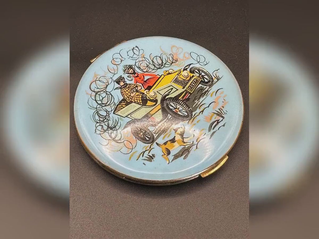 Vintage Kigu Powder Compact: Blue Enamel Car Scene, Gold-Tone Guilloché