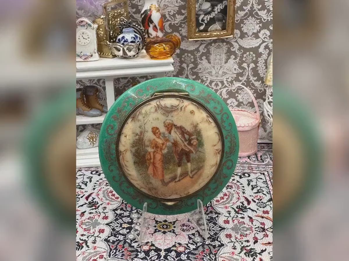 Vintage Green Celluloid Powder Compact: Romantic Courting Scene, Gold Scroll Detail