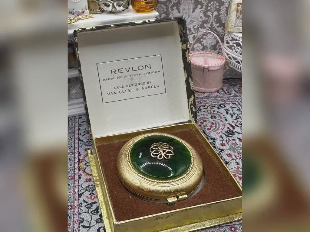 Revlon Van Cleef & Arpels Powder Compact Green Enamel Gold Tone Boxed Vintage 1960s Collectable