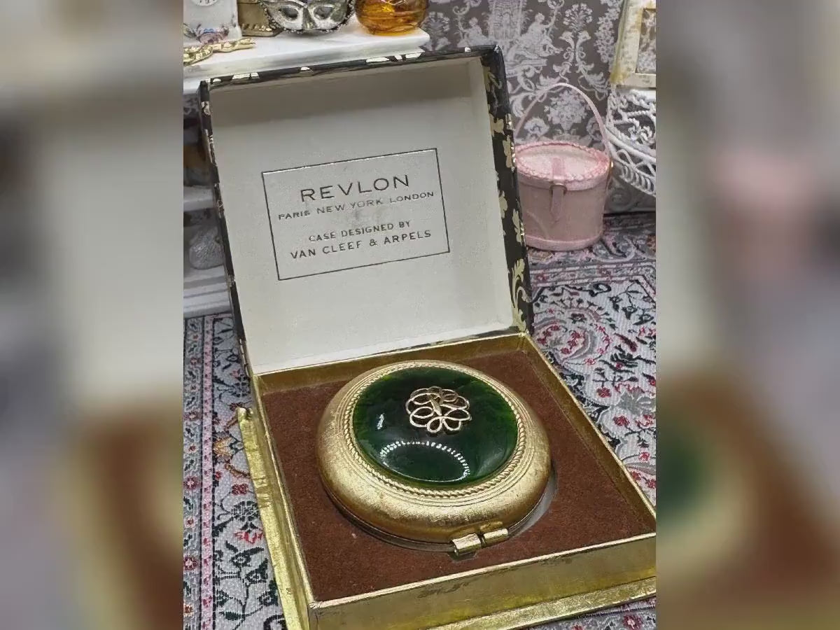 Revlon Van Cleef & Arpels Powder Compact Green Enamel Gold Tone Boxed Vintage 1960s Collectable