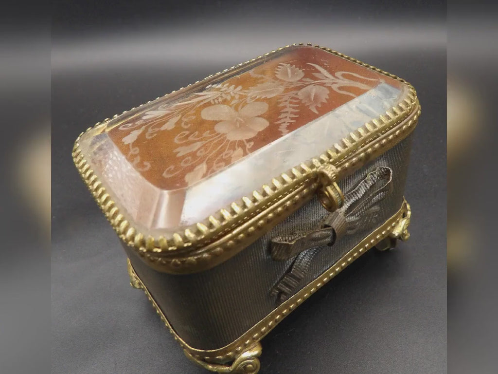Antique French Ormolu Jewellery Box: Bevelled Glass, Ribbon Motif, Trinket Box