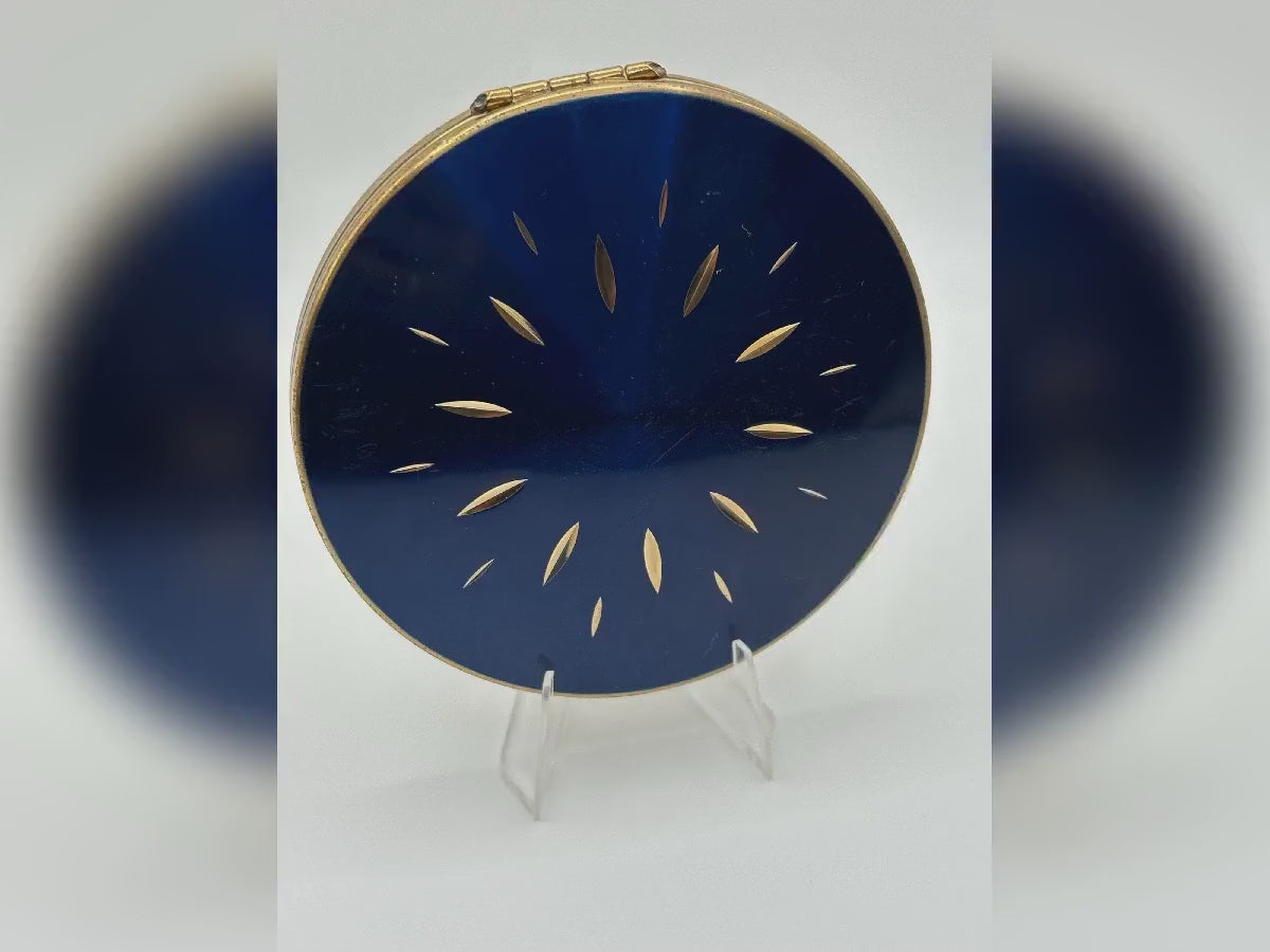 Vintage Stratton Powder Compact: Navy Enamel Sunburst, Made in England