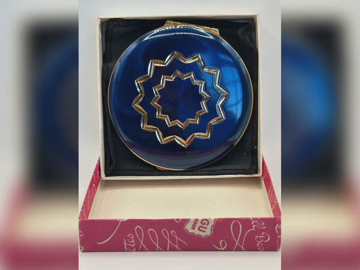Vintage Kigu Powder Compact: Blue Enamel Starburst Design, Unused, Boxed