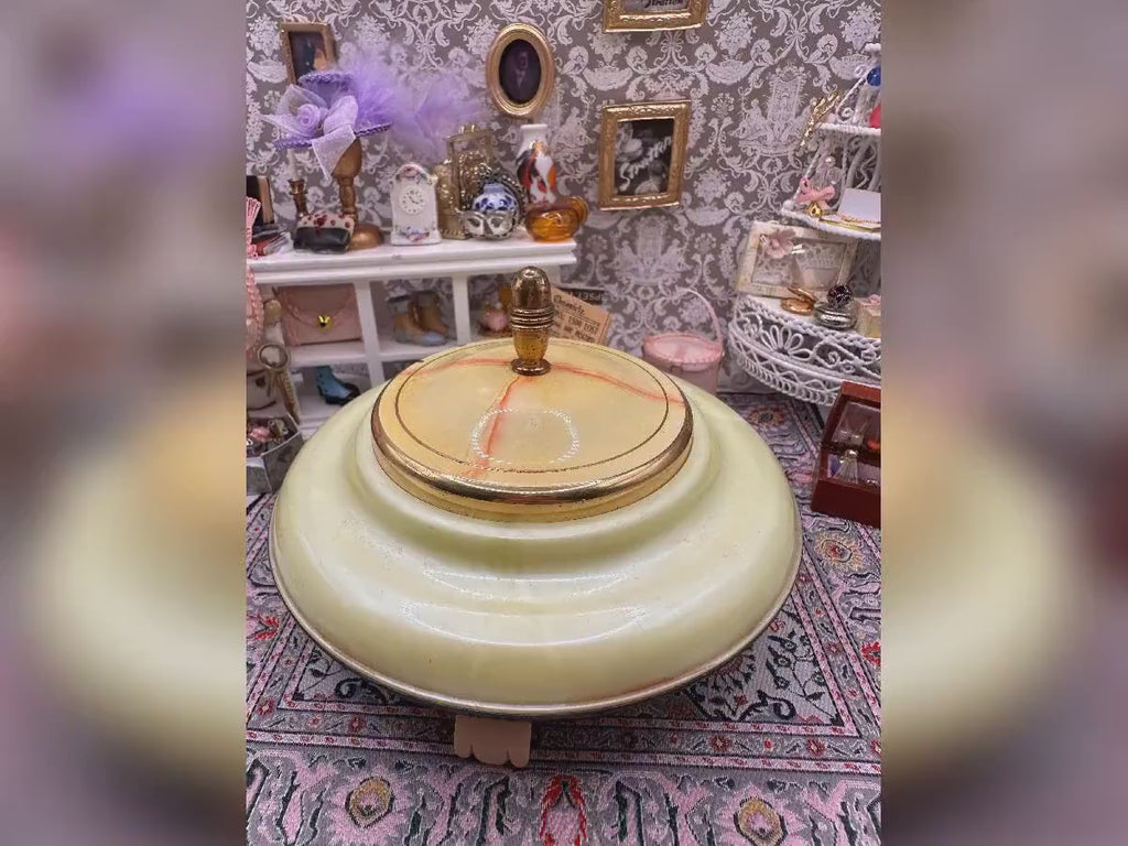 Vintage Yellow Bakelite Musical Powder Pot Bowl – 1950s Vanity Decor