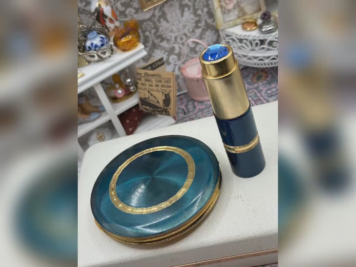 Kigu Powder Compact Perfume Atomiser Set Teal Blue Gold Tone Vintage Boxed London