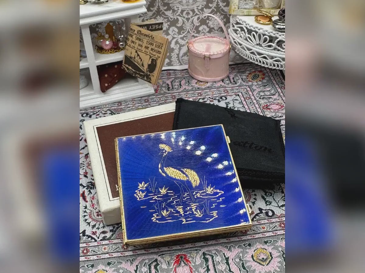 Stratton mini mirror boxed blue crane motif gold tone 6cm vintage accessory