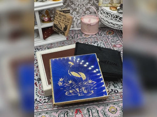 Stratton mini mirror boxed blue crane motif gold tone 6cm vintage accessory