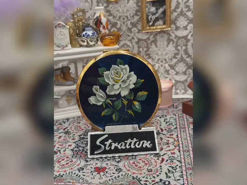 Stratton Convertible Powder Compact Blue Enamel White Rose Floral Mid-Century Made in England