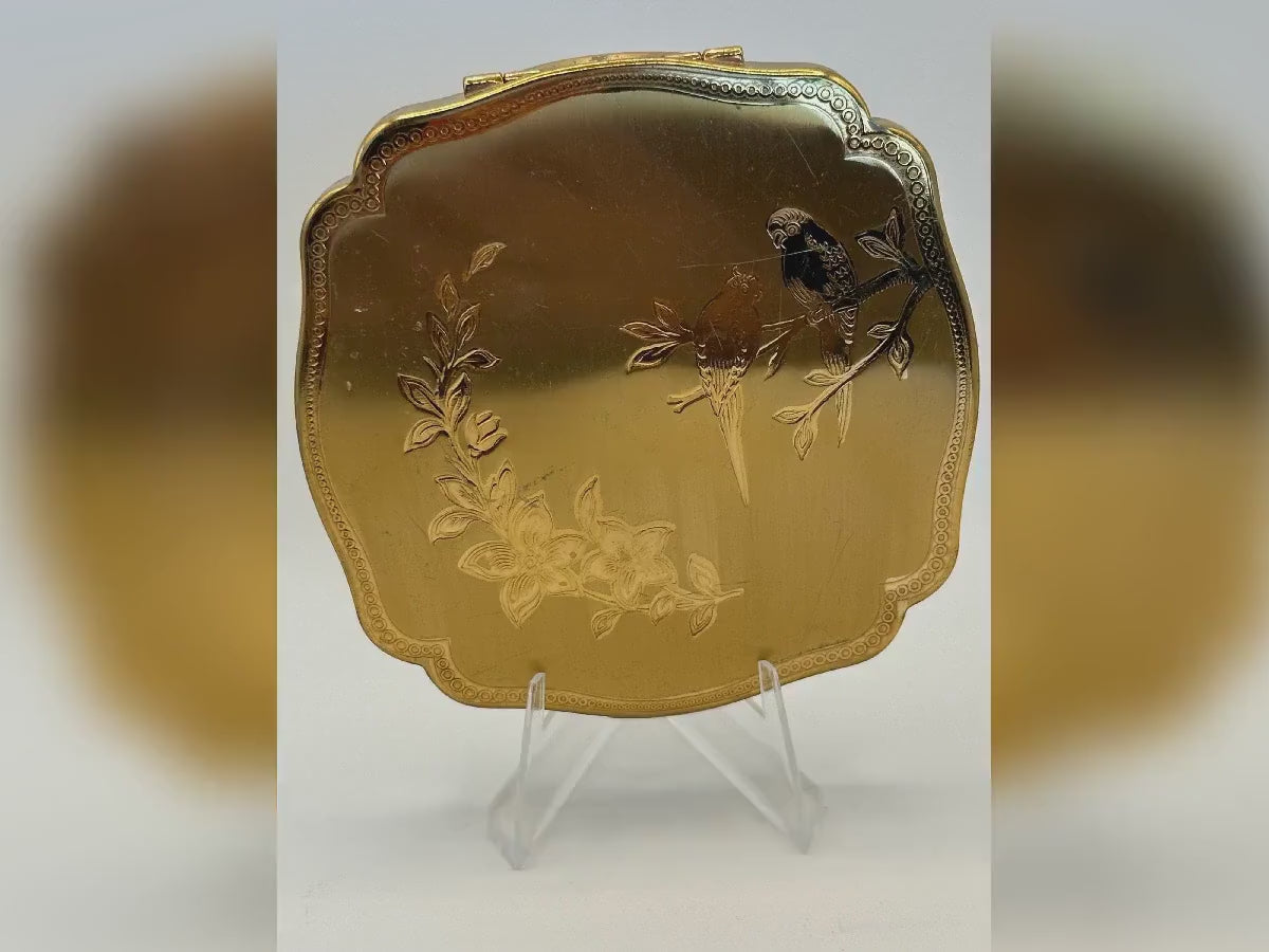 Vintage Melissa Gold-Tone Powder Compact – Birds & Floral Engraving