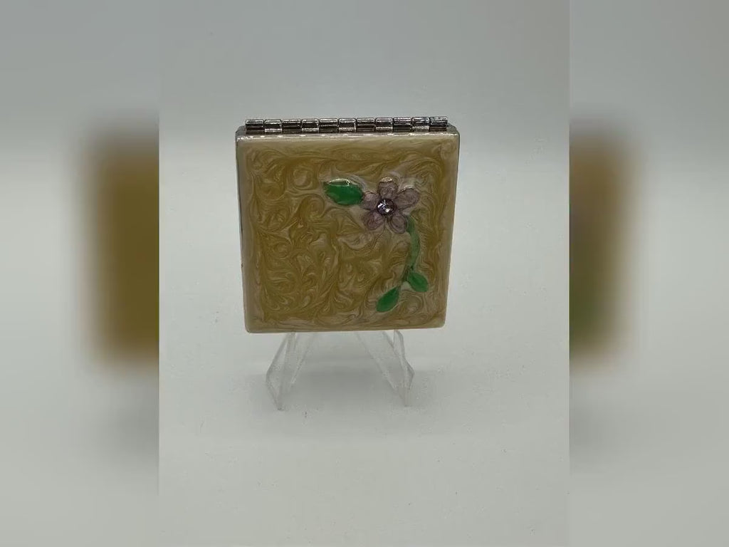 Vintage Marbled Celluloid Compact Mirror: Floral Appliqué, Magnifying, 1930s-50s