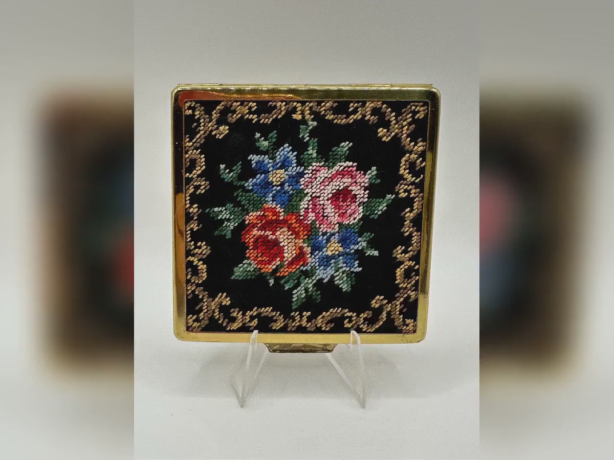 Vintage Floral Needlepoint Powder Compact | Gold Tone | 7cm Square