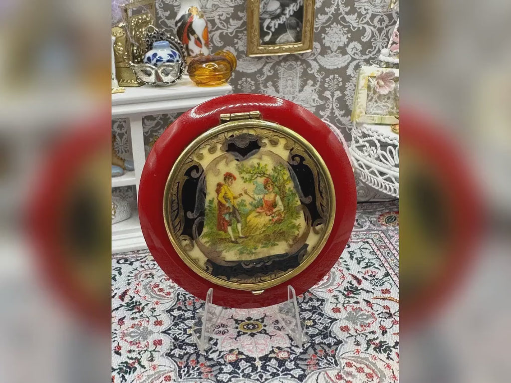 French Celluloid Powder Compact Red Vintage Art Deco Scene 7.5cm Collectable