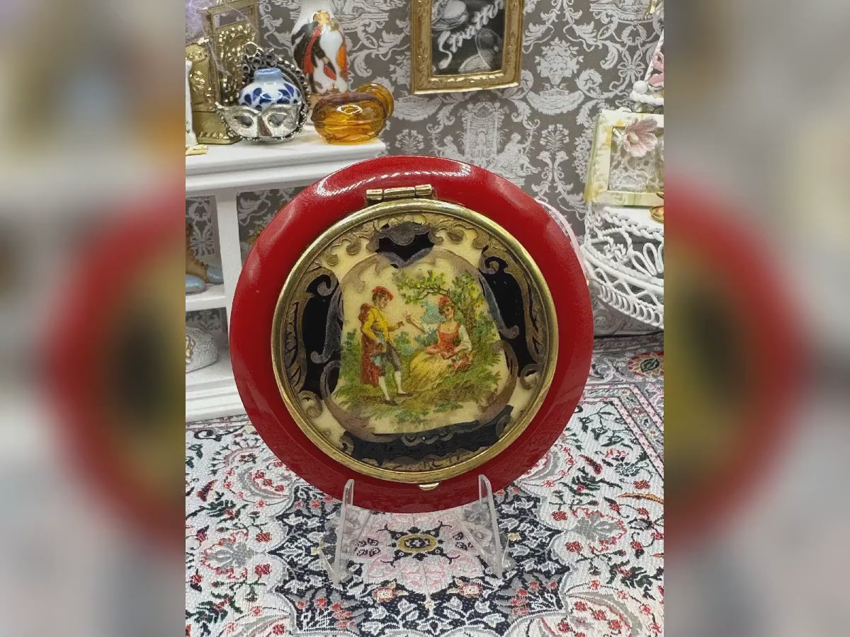 French Celluloid Powder Compact Red Vintage Art Deco Scene 7.5cm Collectable