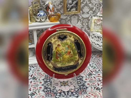 French Celluloid Powder Compact Red Vintage Art Deco Scene 7.5cm Collectable