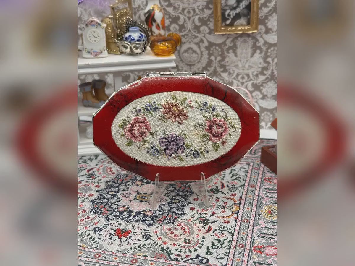 Vintage Red Enamel Petit Point Powder Compact – Floral Needlework Vanity, Original Puff