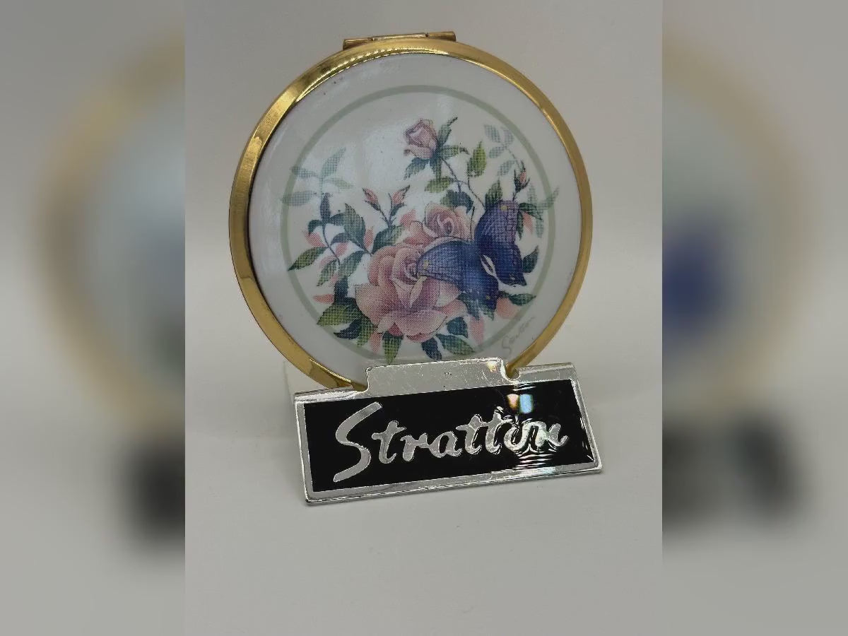 Vintage Stratton Powder Compact – 7cm – Porcelain Rose & Butterfly Design