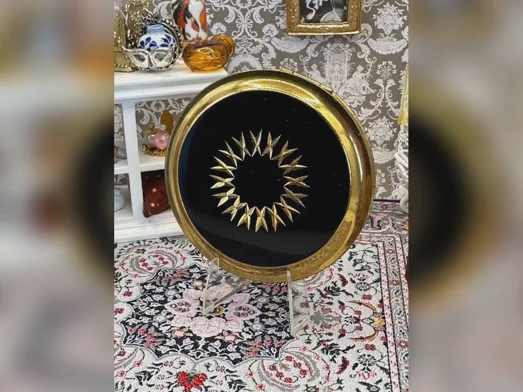 Vintage Black Enamel & Gold-Tone Powder Compact – 7cm, Starburst Design