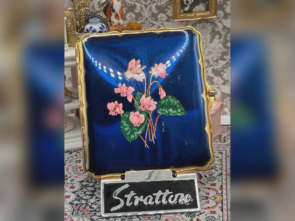 Vintage Stratton Erika Signed Enamel Cigarette Case, Cobalt Guilloché Cyclamen, 1950s–60s English Vanity