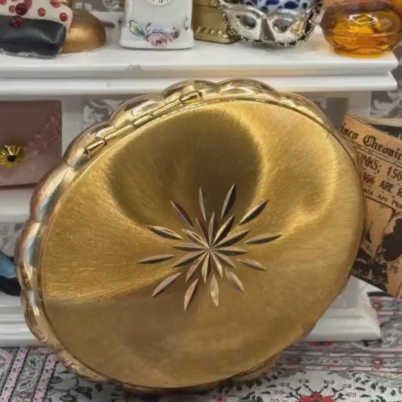 Vintage Kigu Concerto Musical Powder Compact, Gold Tone Engine Turned Vanity Case