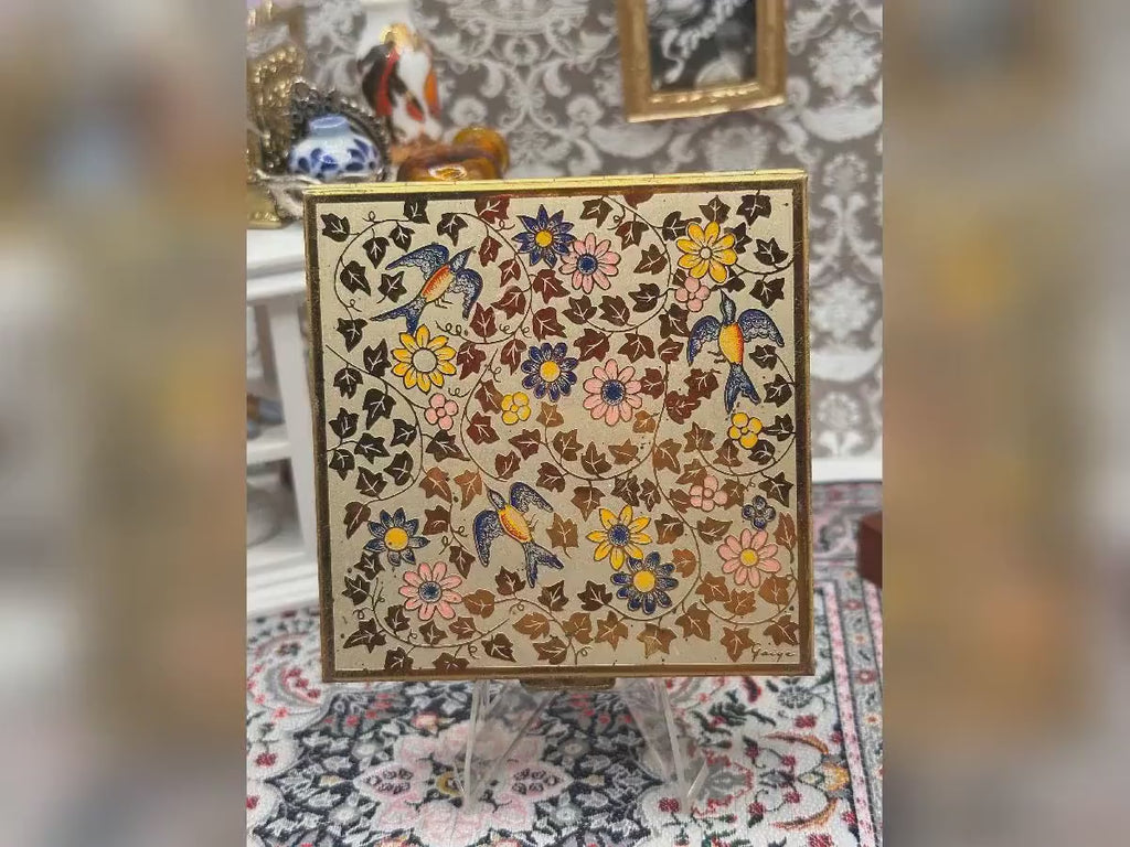 Vintage Volupte Enamel Powder Compact, Signed “Gaige”, All-Over Hand-Painted Swallow & Floral Design, 7.5cm