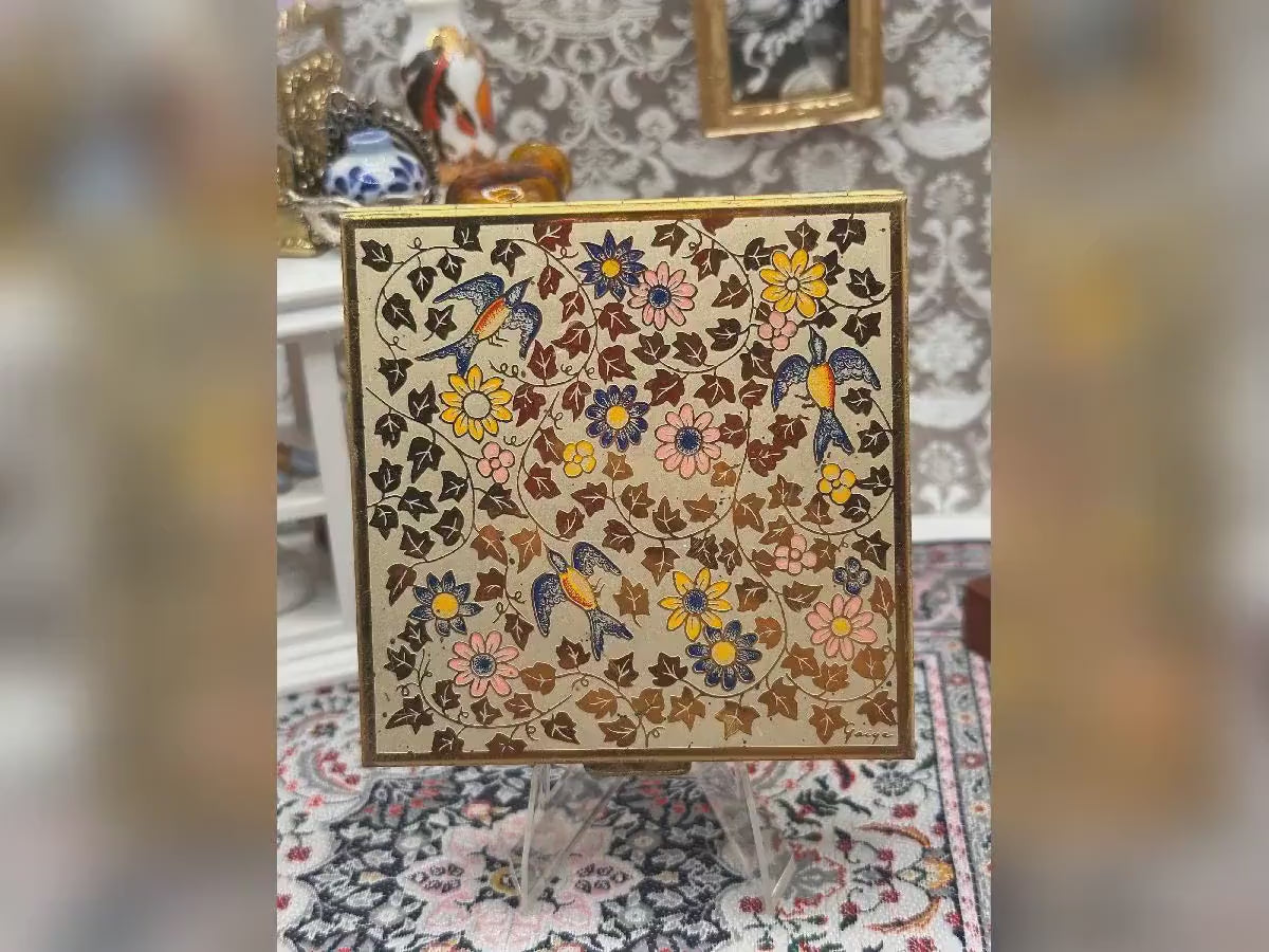 Vintage Volupte Enamel Powder Compact, Signed “Gaige”, All-Over Hand-Painted Swallow & Floral Design, 7.5cm