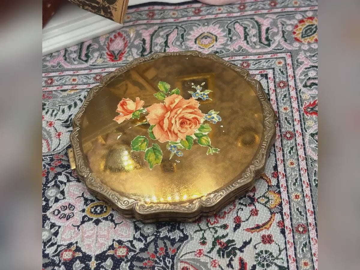 Vintage Stratton Queen Style Powder Compact 7.5cm Hand Painted Rose Design Gold Tone England