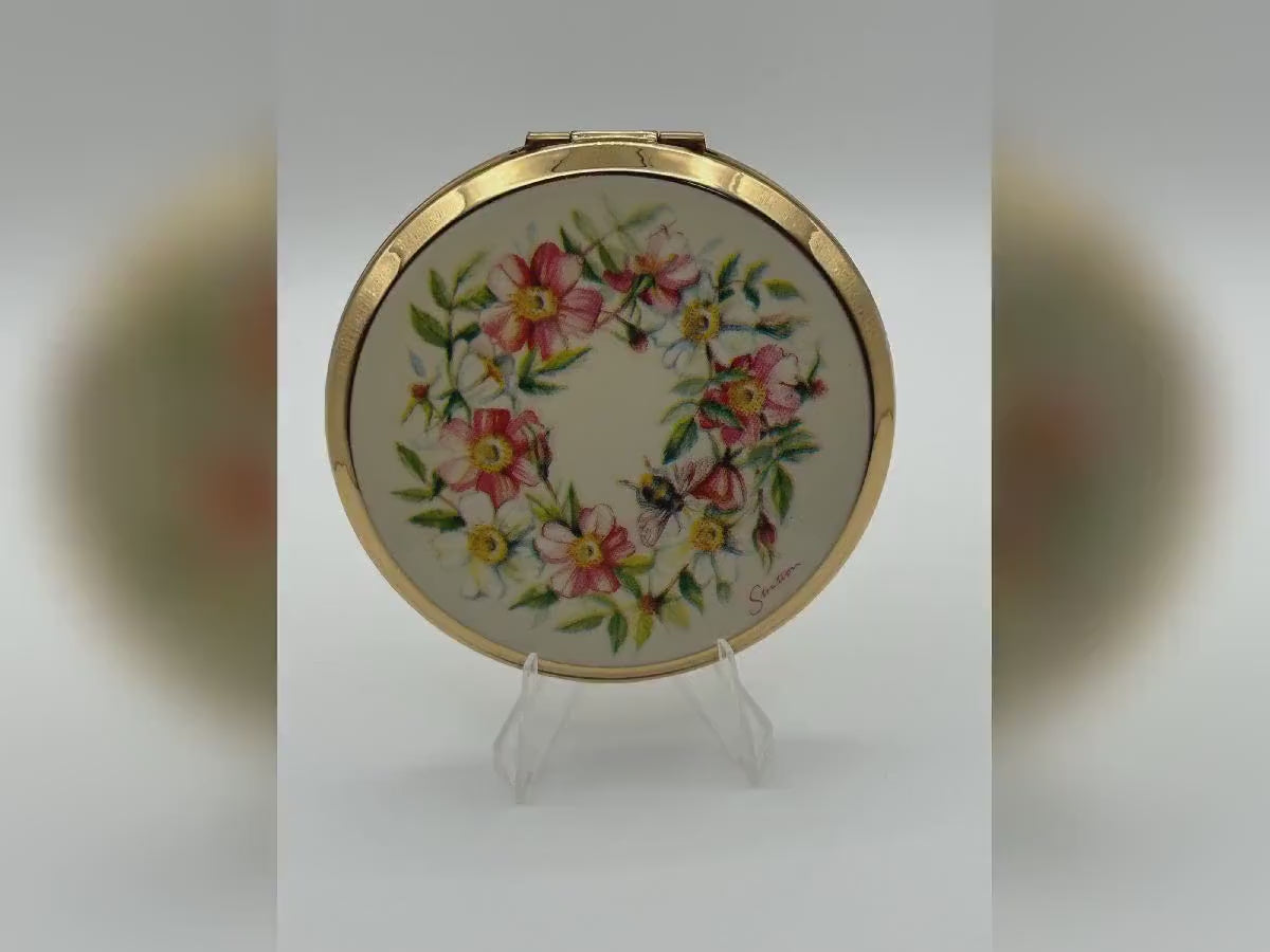 Vintage Stratton Powder Compact: Floral Wreath Bumblebee, Cream Enamel, England