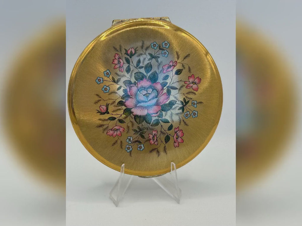 Vintage Kigu of London Powder Compact – Floral Enamel, Gold-Tone Guilloché, Original Puff & Mirror