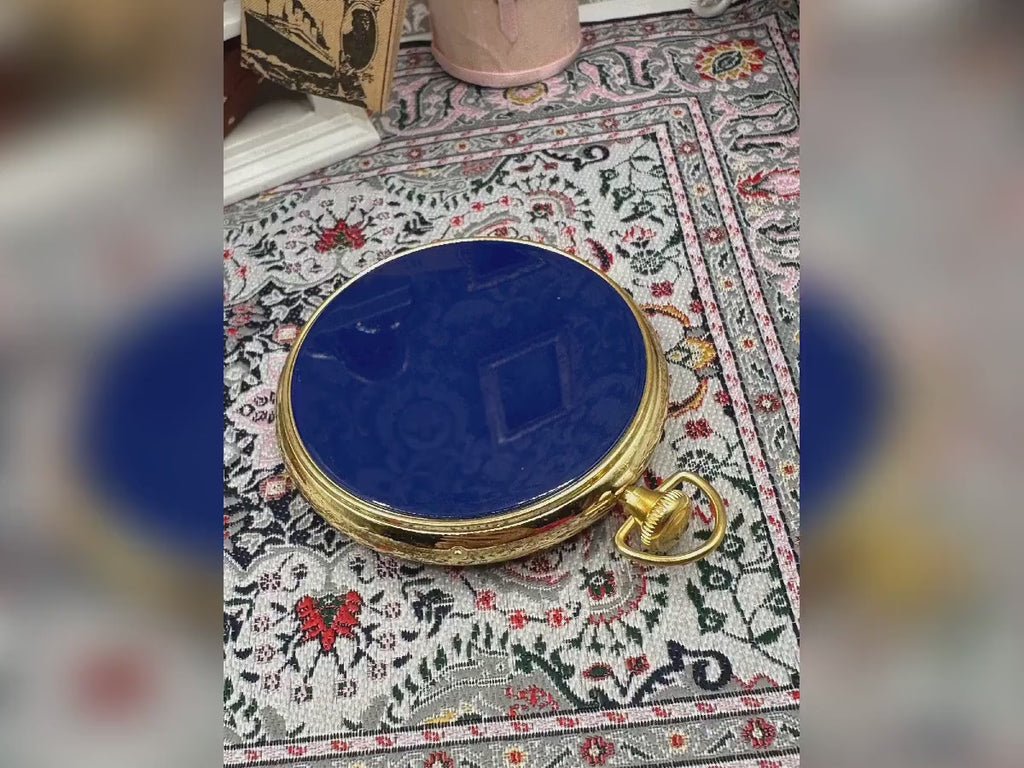 Vintage Alexandra de Markoff Pocket Watch Powder Compact Blue Enamel Original Puff & Screen
