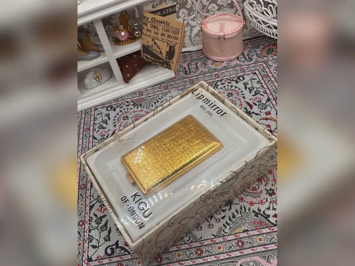 Glamorous Vintage Gold Tone Lipstick Holder in Original Box - Mid-Century Kigu Lipmirror