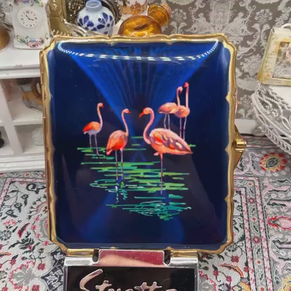 Vintage Stratton Cigarette Case Blue Enamel Flamingo Design Gold Tone Compact Case 1950s Made in England