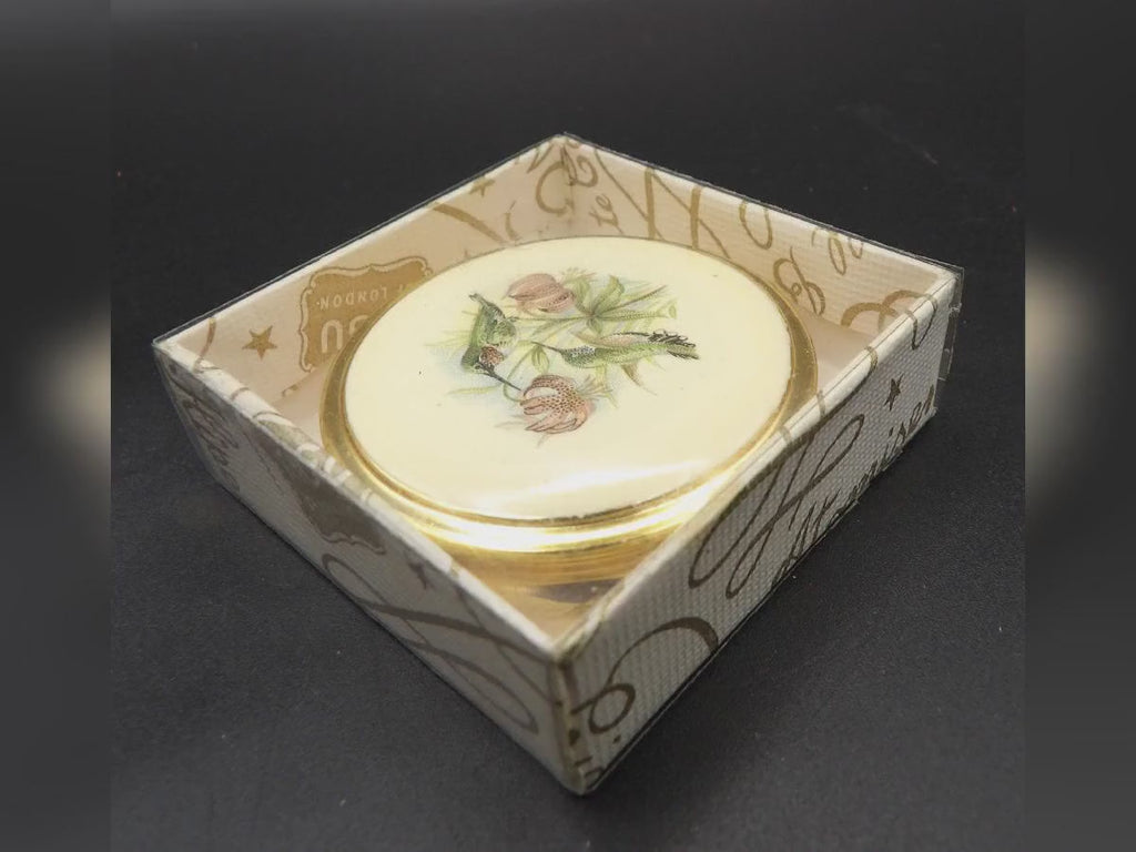 Vintage Kigu Pill Box – Cream Enamel Hummingbird Design, Mirror, Three-Section Divider, Original Box, England