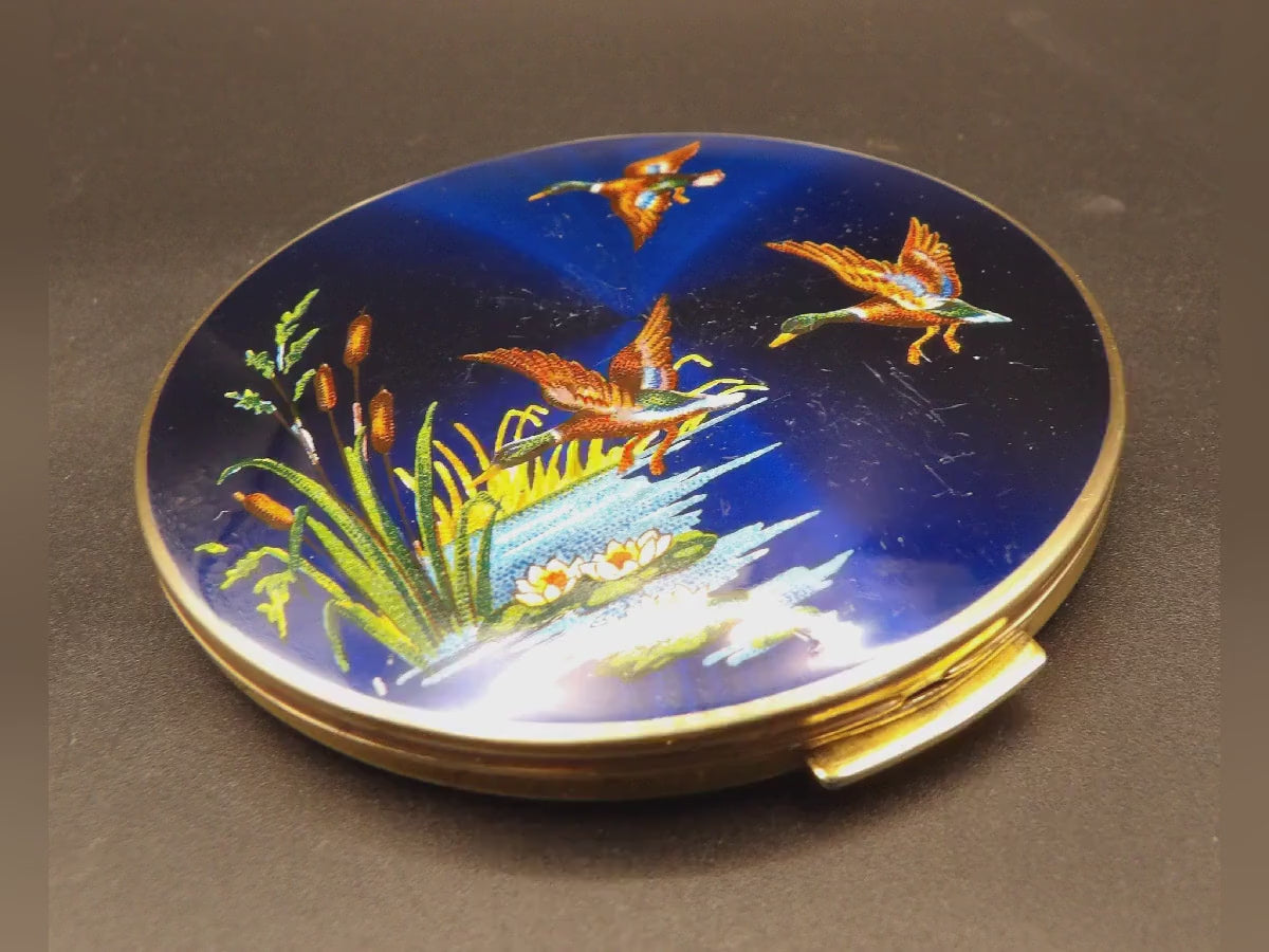 Vintage Stratton Enamel Powder Compact: Flying Ducks Pond Scene, Gold Guilloché