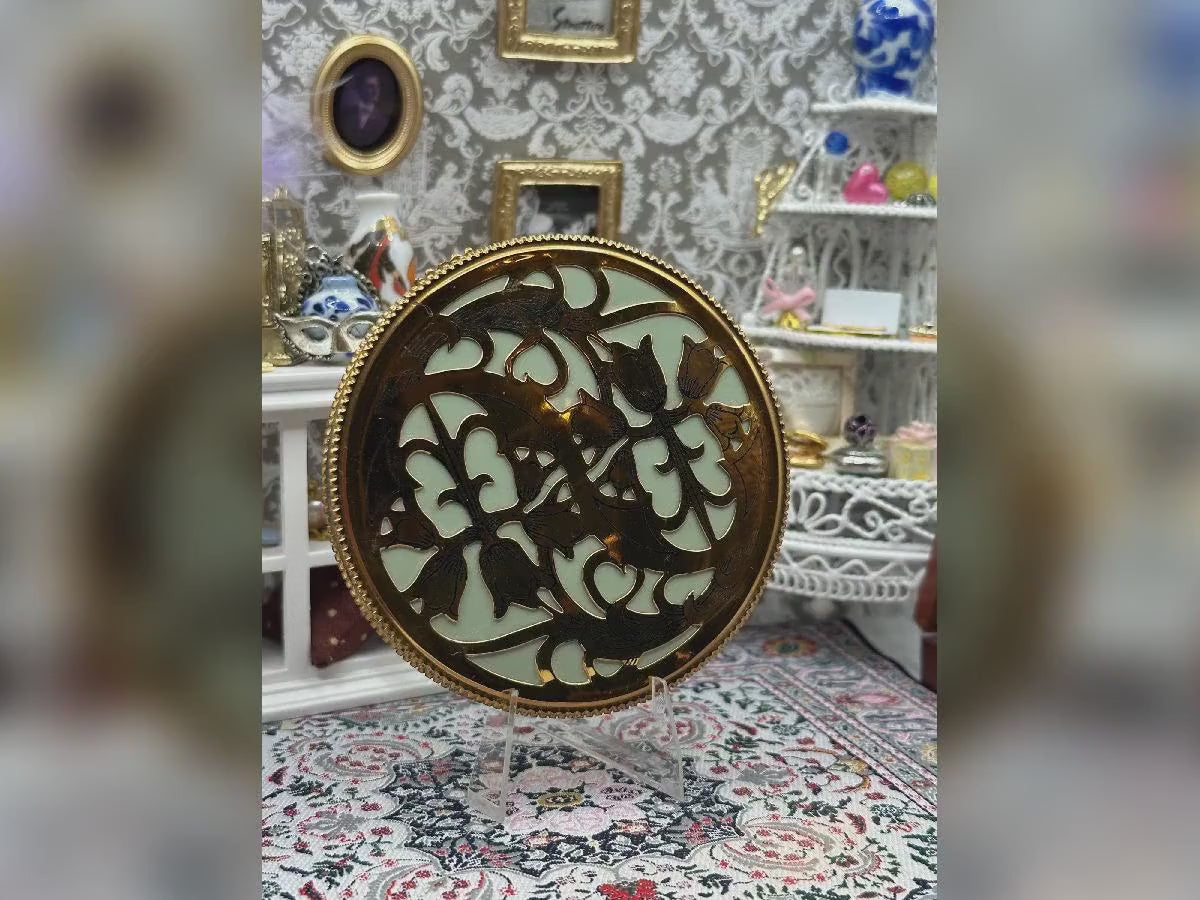 Large Floral Powder Compact Gold Tone Mint Green Vintage Vanity Art Deco Style