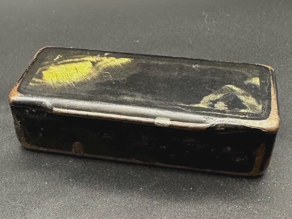 19th Century Antique Black Lacquered Paper Mache Snuff Box with Victorian Charm