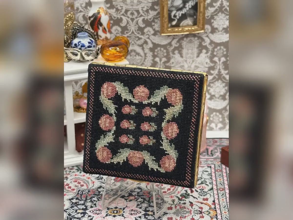 Vintage Petit Point Powder Compact – Floral Embroidery, Gold Tone Mirror – 1950s Evening Bag Size