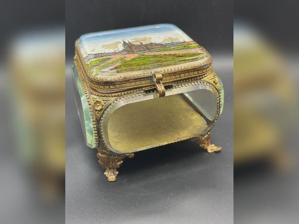 Antique Ormolu Jewellery Casket: Cologne Cathedral Landmark Lid Trinket Box