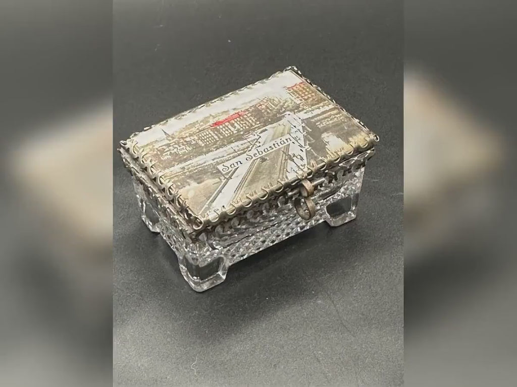 Antique Pressed Glass Jewellery Casket: San Sebastián Postcard Lid, Trinket Box